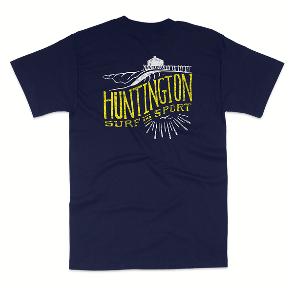 blue tee with white and yellow logo