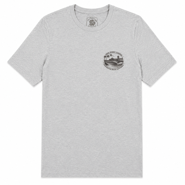 heather grey t shirt with black graphic of HB pier