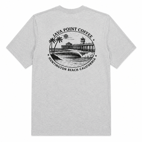 heather grey t shirt with black graphic of HB pier