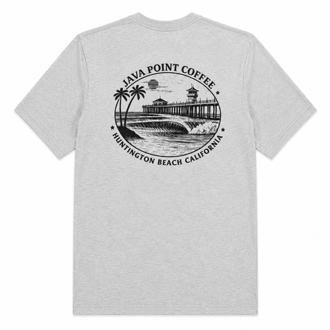 heather grey t shirt with black graphic of HB pier
