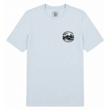 light blue shirt with a small black design of the HB Pier on a white background