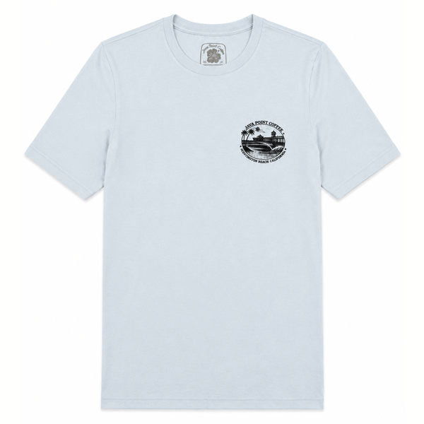 light blue shirt with a small black design of the HB Pier on a white background