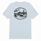 light blue shirt with black design of the HB Pier on a white background