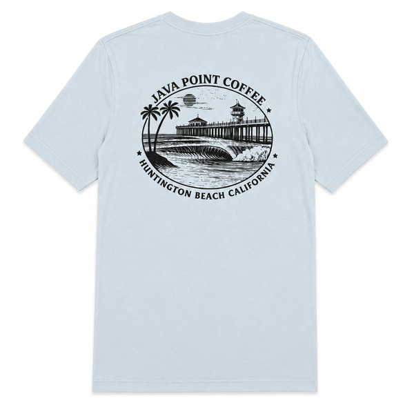 light blue shirt with black design of the HB Pier on a white background