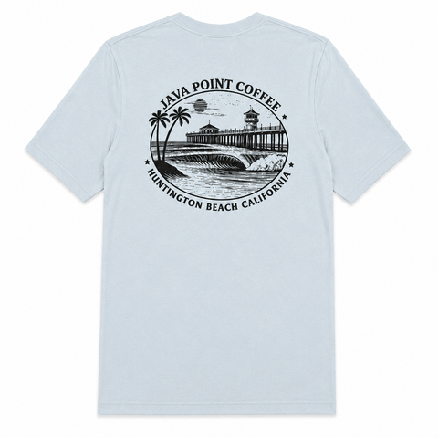 light blue shirt with black design of the HB Pier on a white background