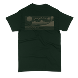 Dark green t-shirt with a graphic design on the back against a white background