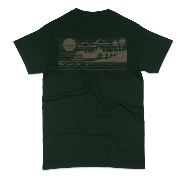 Dark green t-shirt with a graphic design on the back against a white background