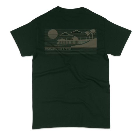Dark green t-shirt with a graphic design on the back against a white background