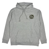 Gray hoodie with a logo on the chest against a white background