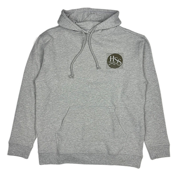 Gray hoodie with a logo on the chest against a white background
