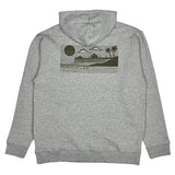 Gray hoodie with a graphic design on the back on a white background