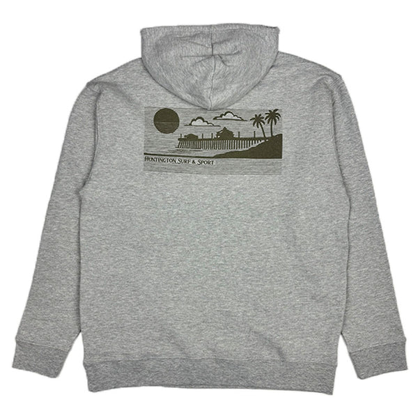 Gray hoodie with a graphic design on the back on a white background