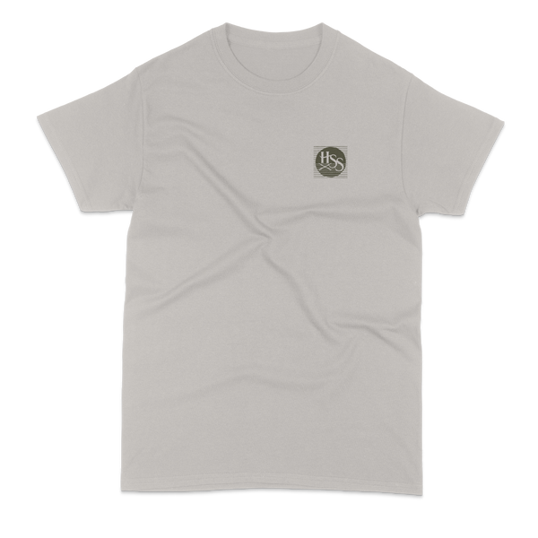 Gray t-shirt with a small logo on the chest against a white background