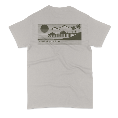 Gray t-shirt with a beach graphic and text on the back against a white background