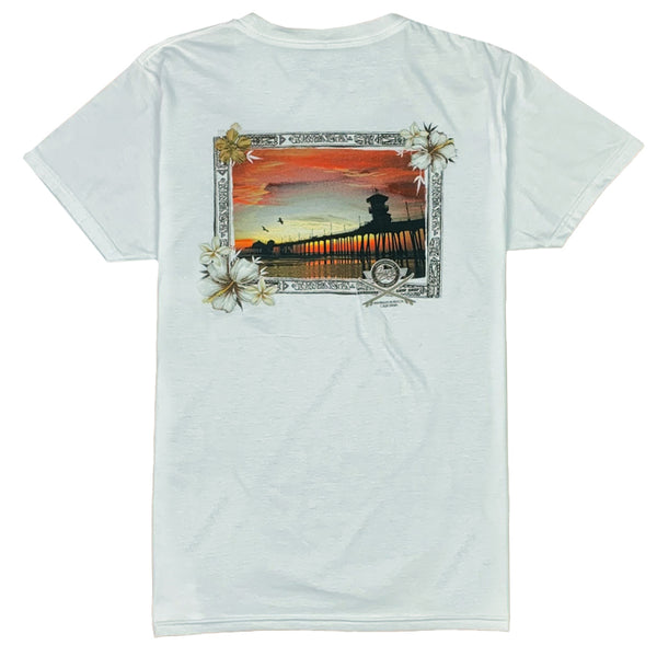 white t shirt with picture of a pier at sunset