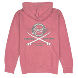 Red hoodie with a logo on the back against a white background