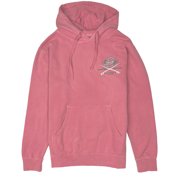 Red hoodie with a logo on the chest against a white background