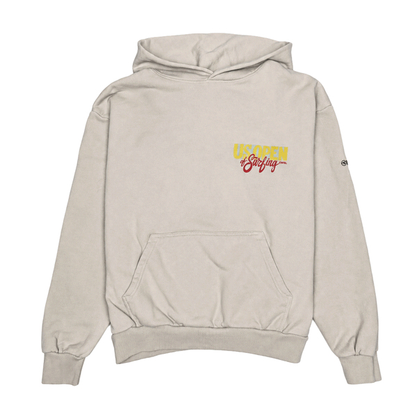 front of bone colored pullover hoodie. The words US Open of Surfing small on the chest