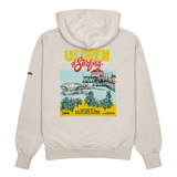 back of bone colored hooded sweatshirt with a US Open of Surfing Poster art of the HB Pier and waves. sweatshirt is on white background