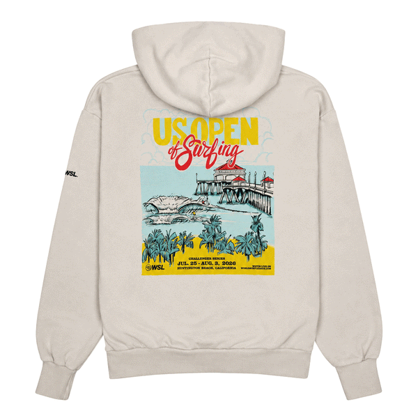 back of bone colored hooded sweatshirt with a US Open of Surfing Poster art of the HB Pier and waves. sweatshirt is on white background