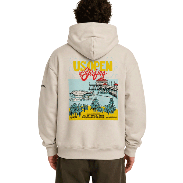 back of person wearing back of bone colored hooded sweatshirt with a US Open of Surfing Poster art of the HB Pier and waves. sweatshirt is on white background