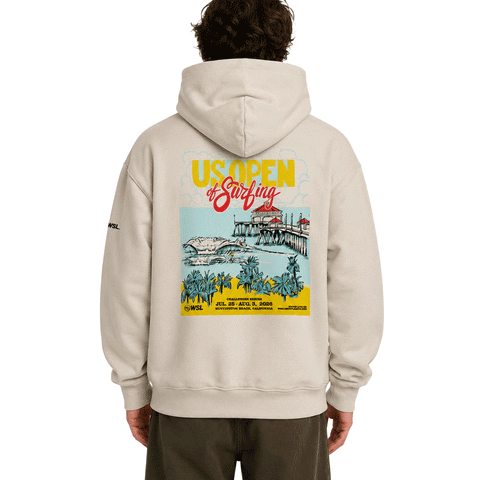 back of person wearing back of bone colored hooded sweatshirt with a US Open of Surfing Poster art of the HB Pier and waves. sweatshirt is on white background