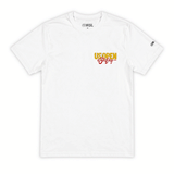 Front view of a white men's T-shirt displayed on a clean white background. The shirt features a small "US Open of Surfing" logo on the left chest in yellow and red. A subtle gray WSL logo is printed inside the collar, and a small black WSL logo appears on the right sleeve. The classic crewneck T-shirt has a relaxed fit and minimalist front design inspired by the Huntington Beach surf event.