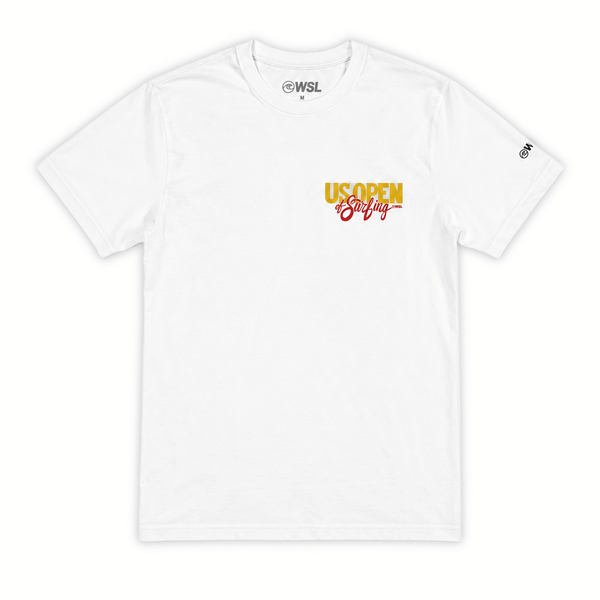 Front view of a white men's T-shirt displayed on a clean white background. The shirt features a small "US Open of Surfing" logo on the left chest in yellow and red. A subtle gray WSL logo is printed inside the collar, and a small black WSL logo appears on the right sleeve. The classic crewneck T-shirt has a relaxed fit and minimalist front design inspired by the Huntington Beach surf event.