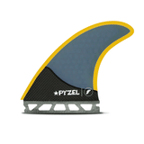 grey and yellow surf fin with "pyzel" branding