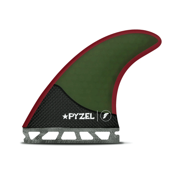green,red and black surf fin with "pyzel" branding