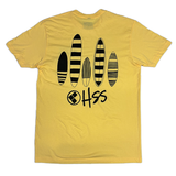 Yellow t-shirt with black surfboard design and 'OHSS' text on a white background