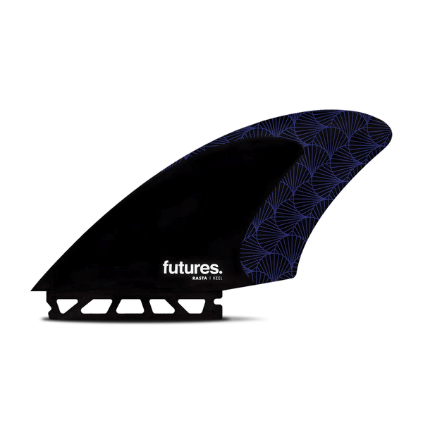 black and purple surf fin with "futures" and "rasta" branding