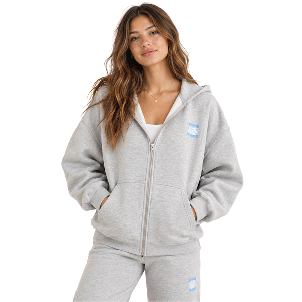 woman wearing grey zip hoodie