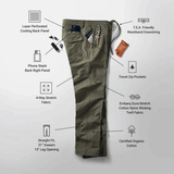 Military green pants with text pointing out the features of the pant