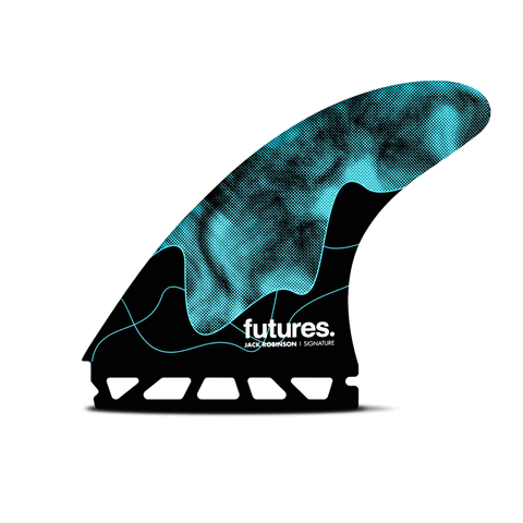 blue and black surf fin with "futures" and "jack robinson" branding