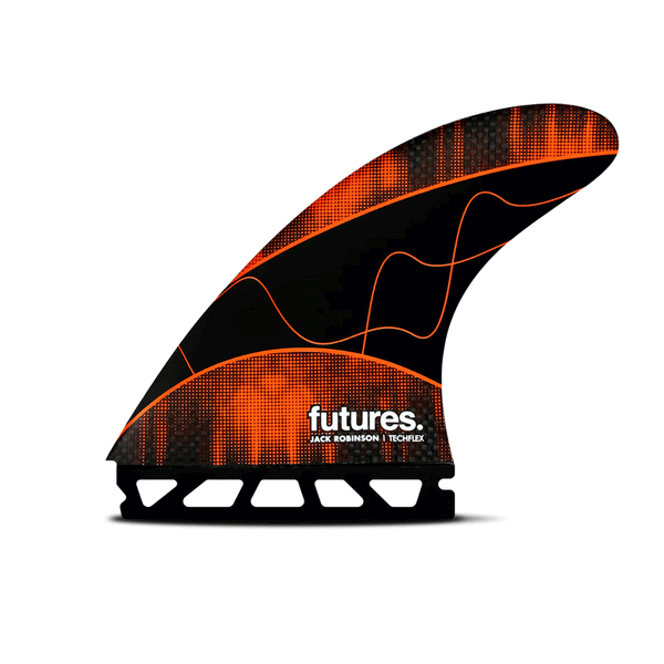 orange and black surf fin with "futures" and "jack robinson" branding