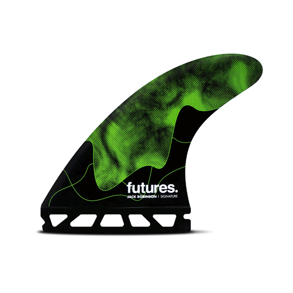 black and green surf fin with "futures" branding