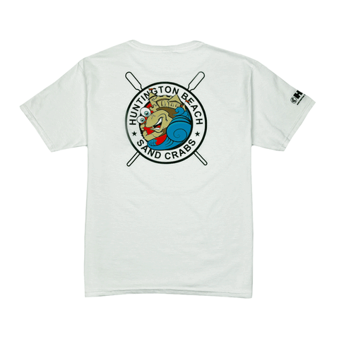 white t-shirt with HB Sandcrabs logo on a white background