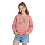 girl wearing pink sweatshirt with grey logo 