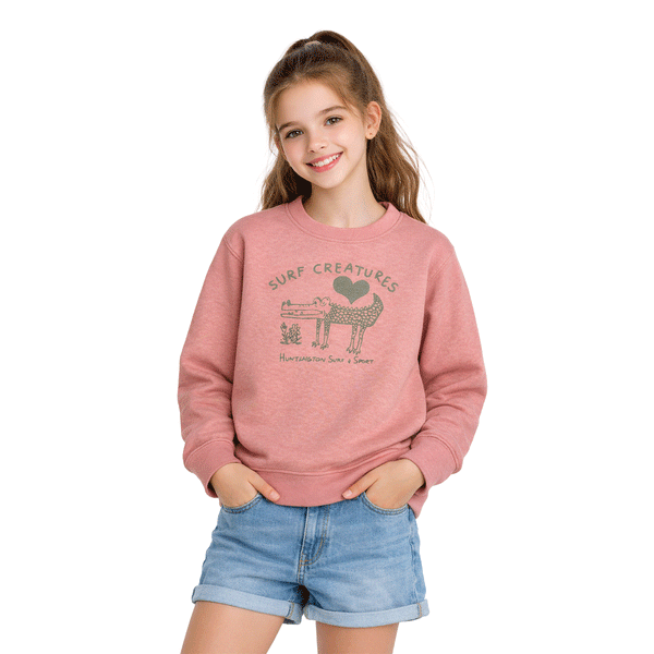 girl wearing pink sweatshirt with grey logo 