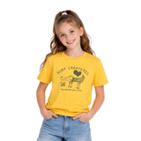 girl wearing yellow t-shirt with white background