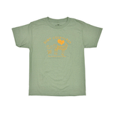 green t-shirt with drawing of a cute crocodile with text "surf creatures"