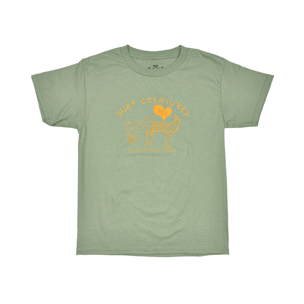 green t-shirt with drawing of a cute crocodile with text "surf creatures"