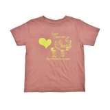 pink shirt with yellow print of "surf creatures" and a yellow animal