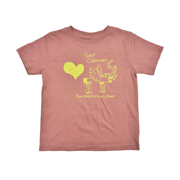 pink shirt with yellow print of "surf creatures" and a yellow animal