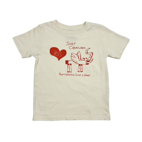 white t-shirt with red graphics of elephant looking creature on a white background