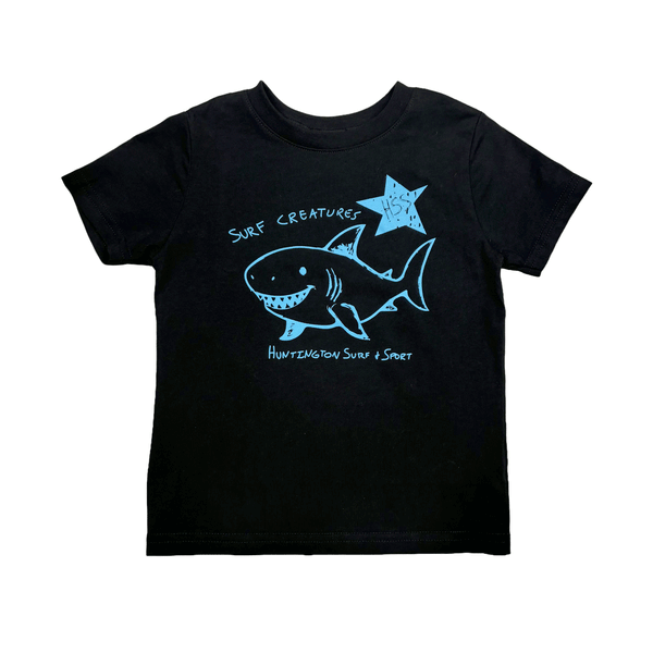 black t-shirt with blue print of "surf creatures" and a shark smiling