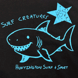 blue print of "surf creatures" and a shark smiling