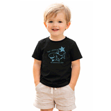 toddler wearing black tshirt with blue print