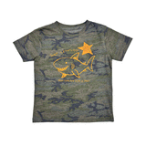 camo shirt with orange print on white background